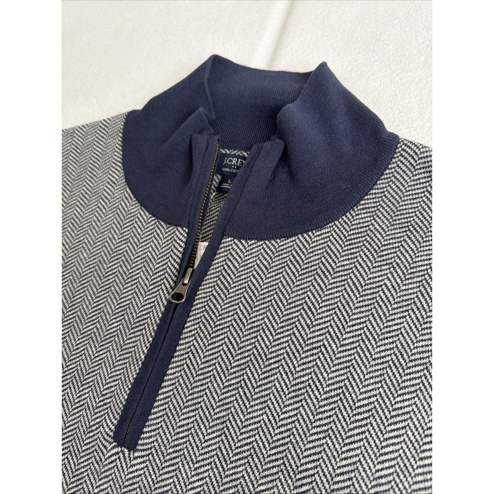 J Crew Navy Herringbone 1/4 Zip Sweater Men’s L Long Sleeve Cotton Style AP675